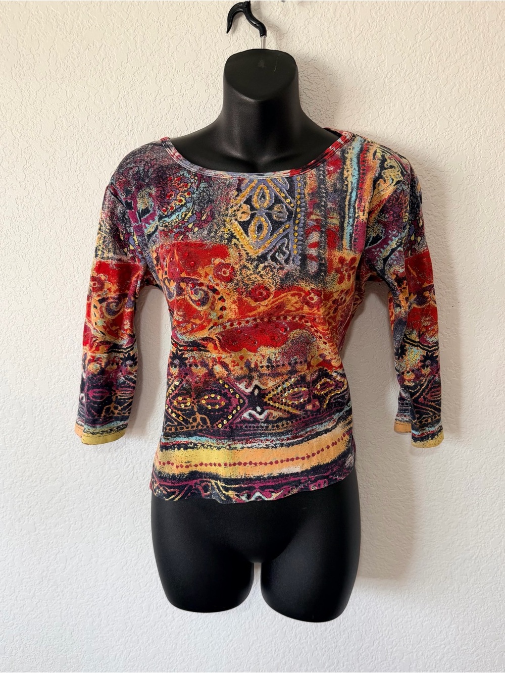 Vintage Take Two Multicolor Patterned Paisley Long Sleeve Boatneck Top